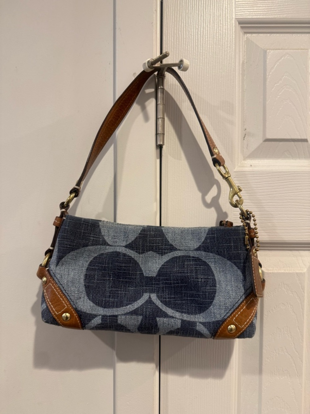 Coach Carly Blue Denim Signature Canvas Shoulder Bag with Brown Leather - Picture 7 of 7